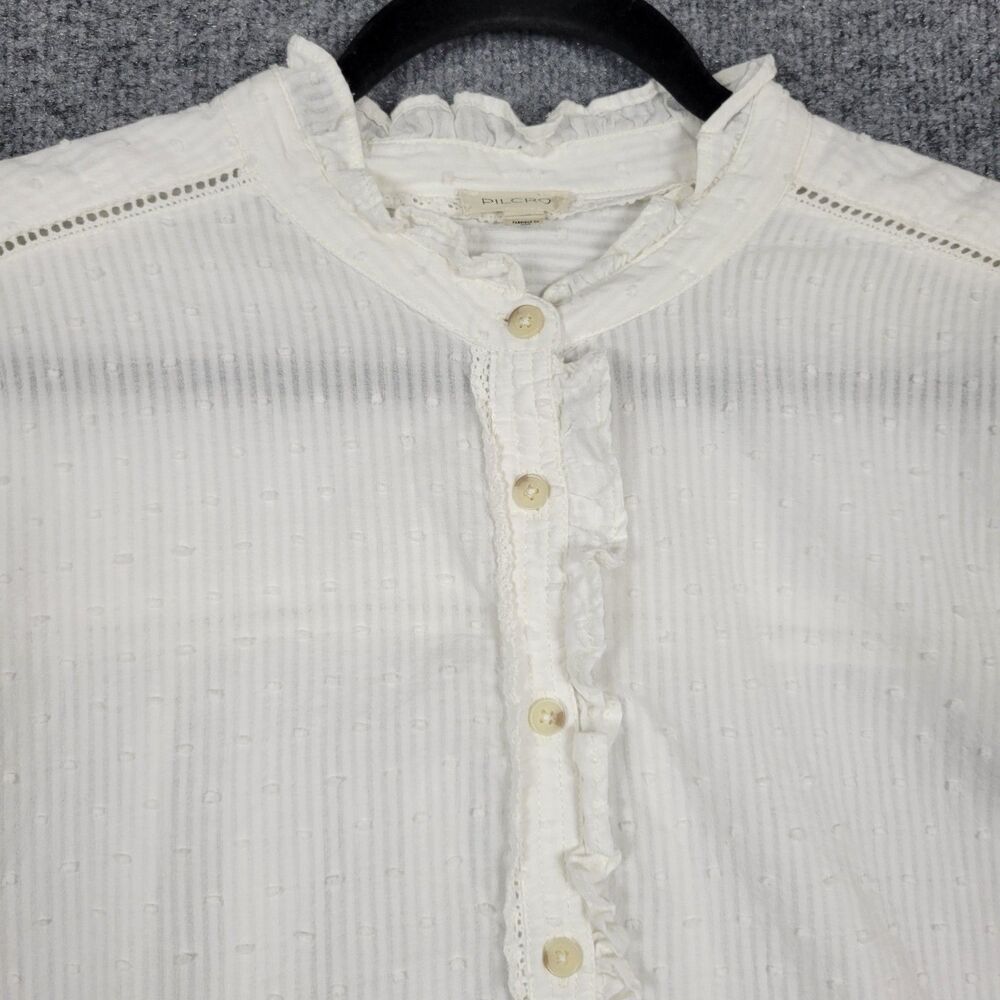 PILCRO Oversized Ruffled Blouse White Swiss Dot Striped Button Up Top SIZE XL - Picture 7 of 15